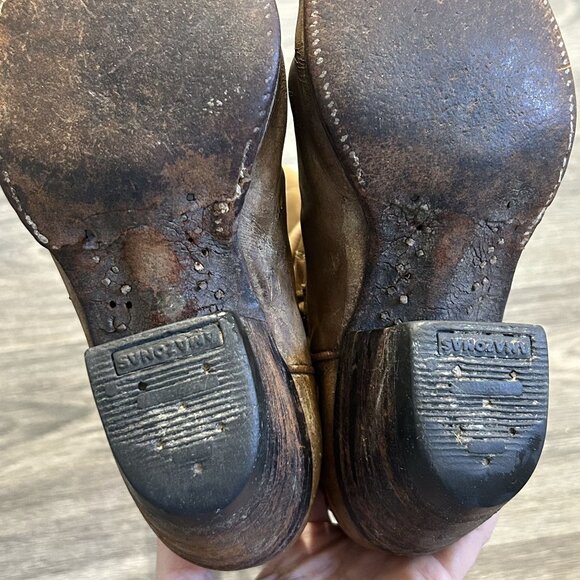 Vintage Dan Post Size 6 C Cowboy Knee Boots Made in Spain Tan Braided 4115 - Picture 6 of 16